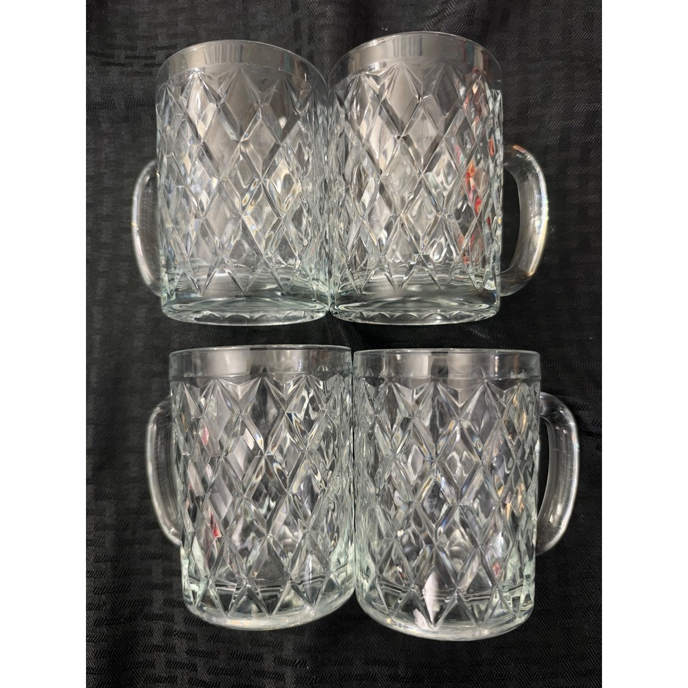 4 Vintage Paul Sebastian Crystal Mugs Diamond Cut Handled Glasses Discontinued